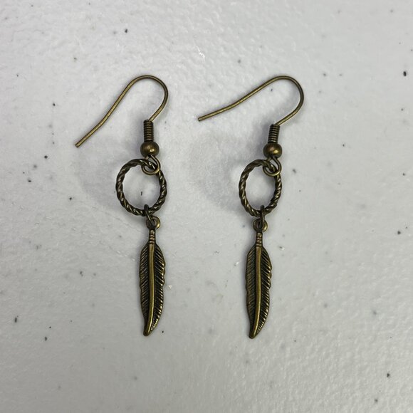 Bronze Feather Drop Earrings With Twisted Ring Design - Picture 6 of 8
